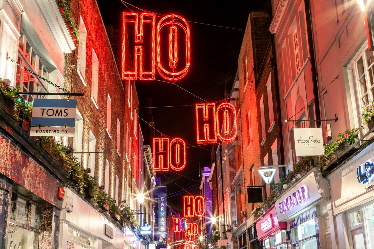 Festive neon lights bring a playful and modern twist to Christmas in Soho.