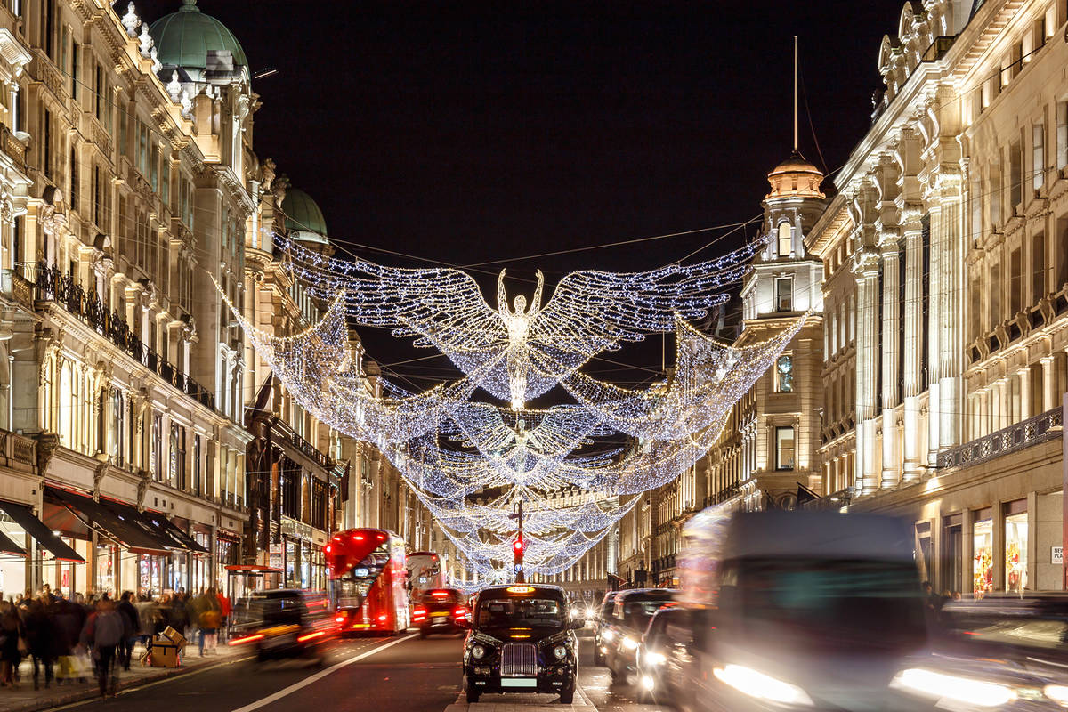 Sparkling angels light up Regent Street, creating one of London’s most iconic Christmas displays.