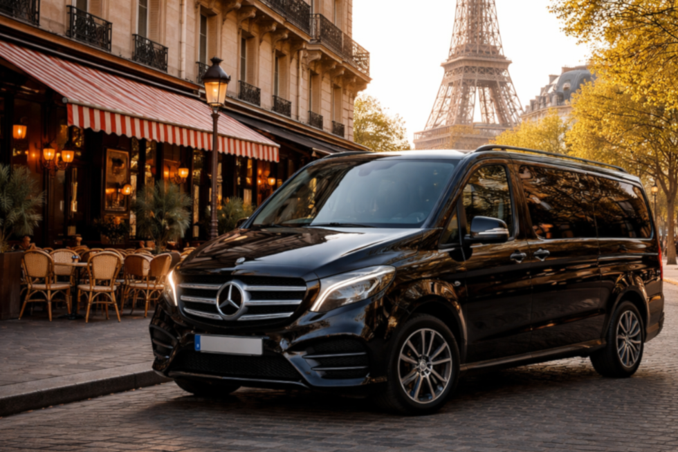 Mercedes V-Class parked on a central Paris street, ready for a private tour.