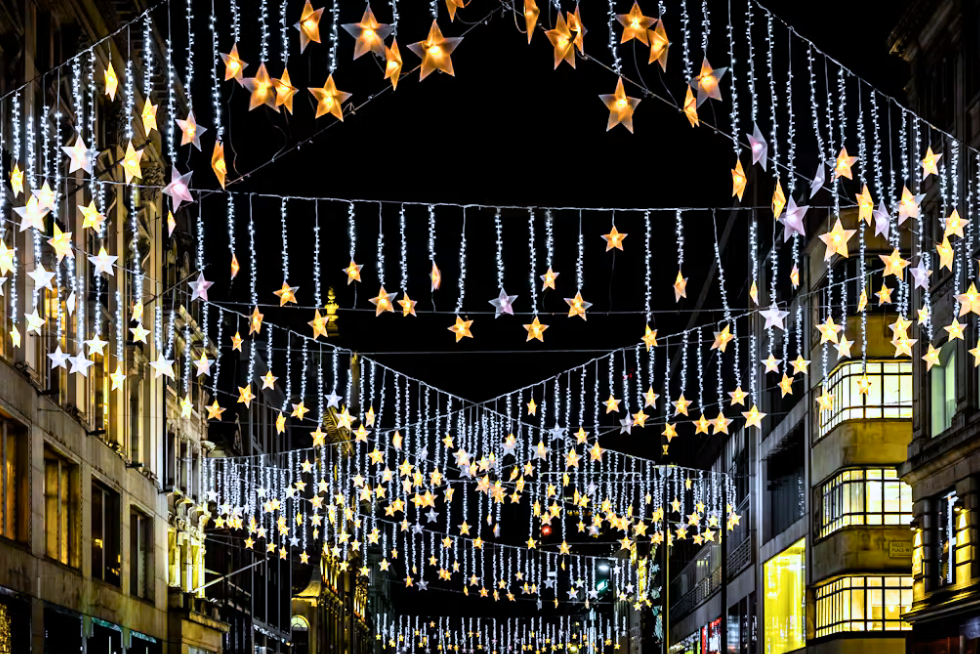 Oxford Street illuminated for the Christmas season.