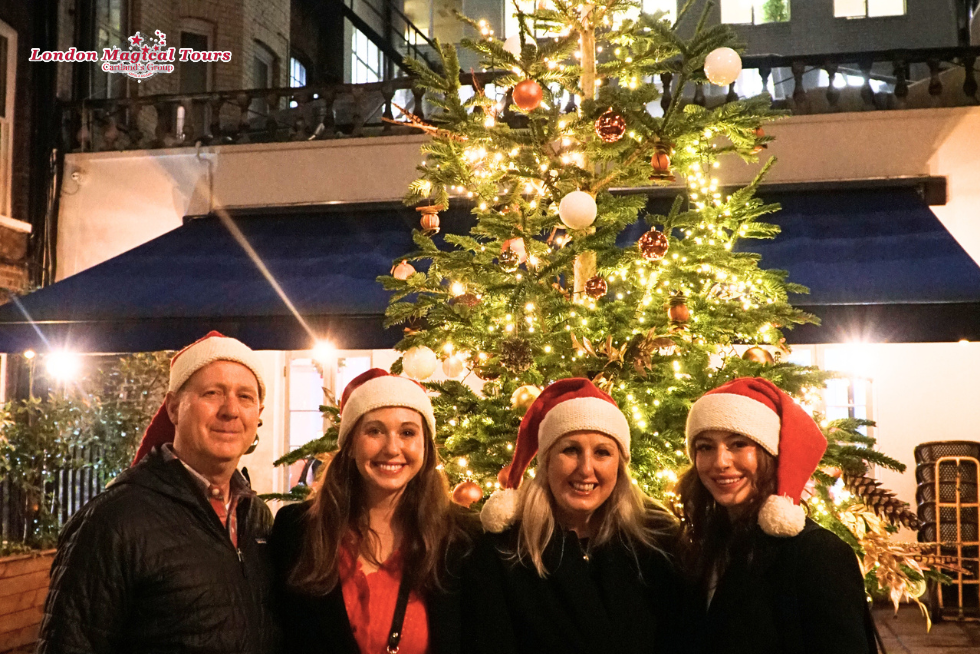 Enjoying the festive atmosphere and decorations around Covent Garden.
