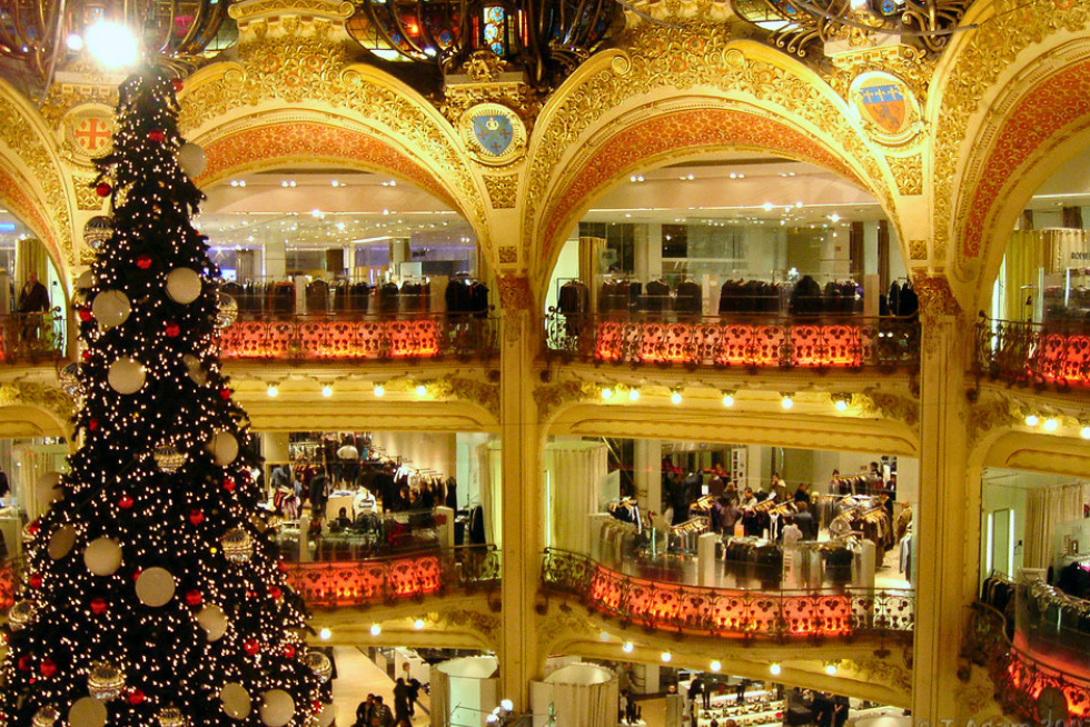 The spectacular Christmas tree beneath the glass dome at Galeries Lafayette in Paris.