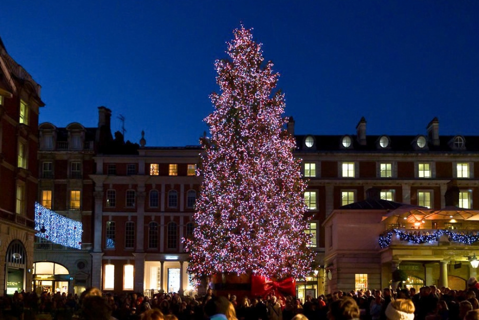 Covent Garden decorated with its famous Christmas tree and festive lights.