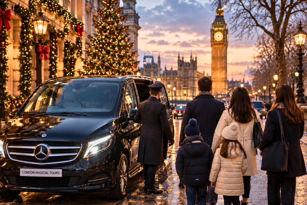 London's streets illuminated with festive Christmas lights.