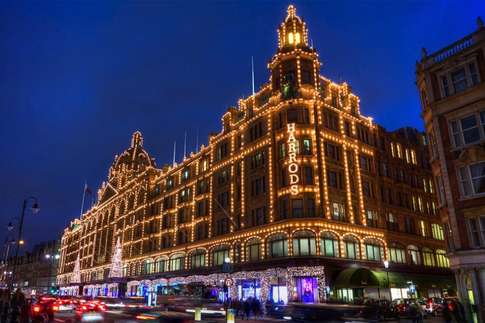 Harrods beautifully decorated with festive Christmas window displays in London.