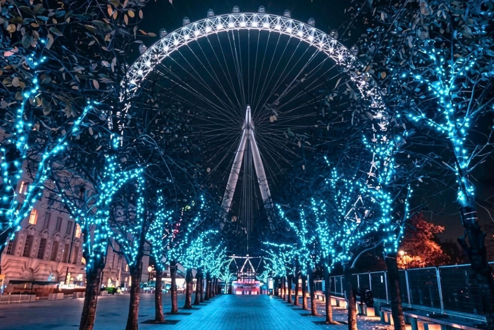 London Eye surrounded by festive lights.