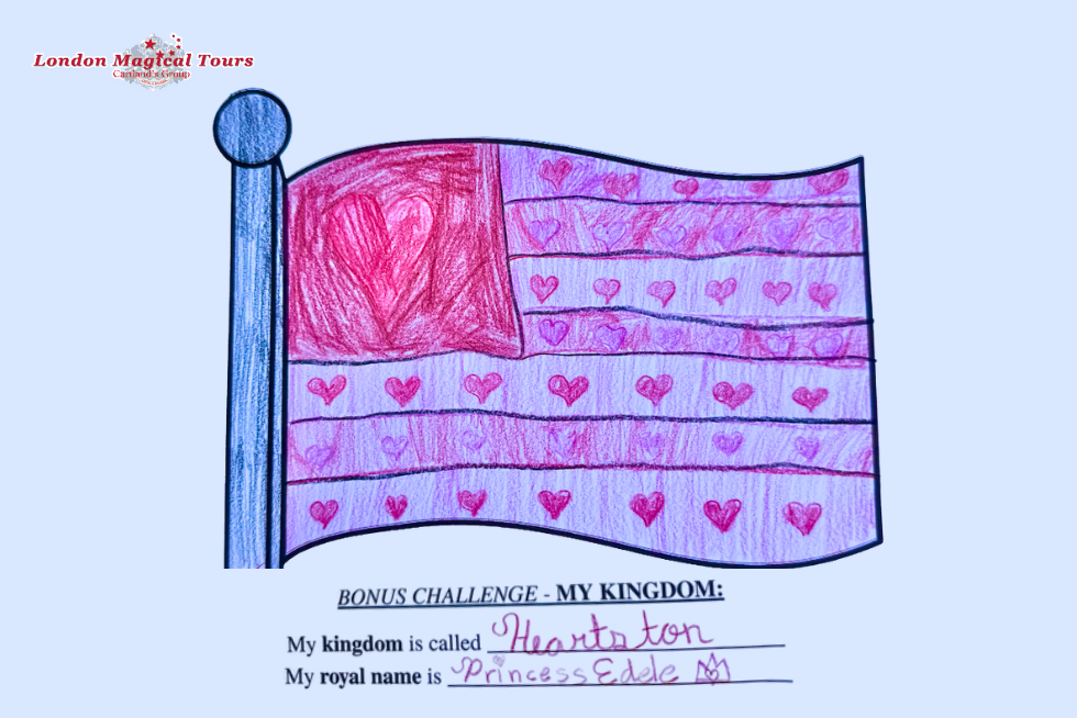 A young guest's royal flag design, complete with their own kingdom and royal name.