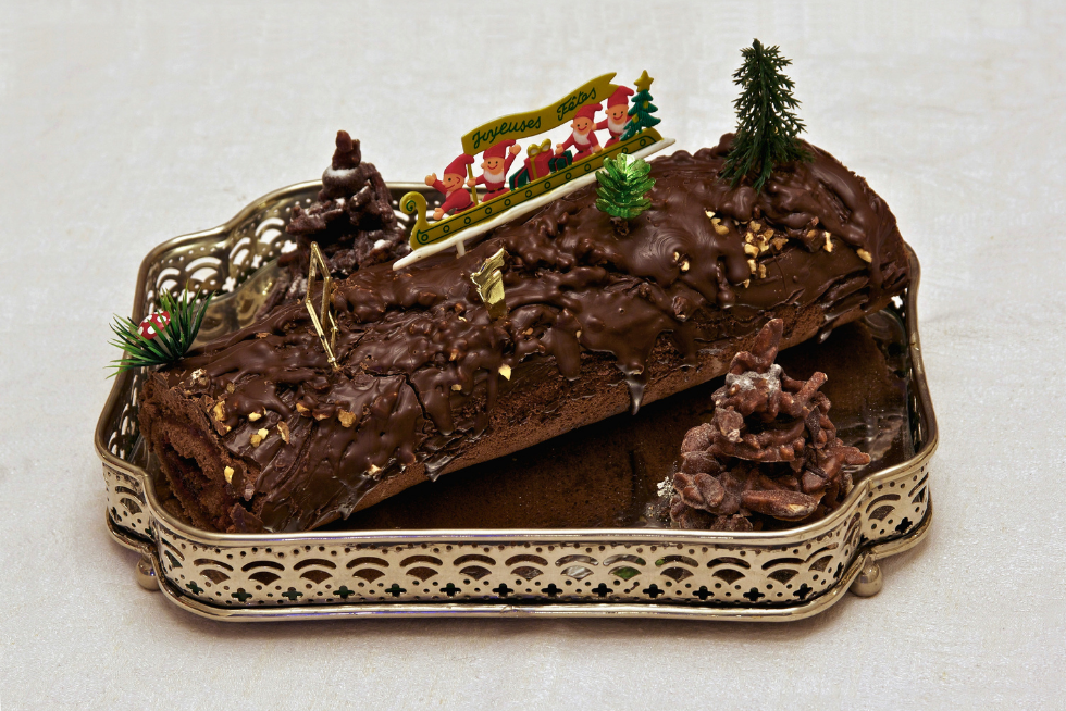 A traditional French bûche de Noël served during the Christmas season.
